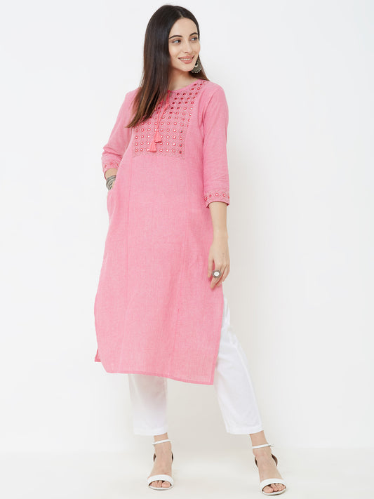 Foil Mirror & Diamond Checks Embroidered Kurta – Pink