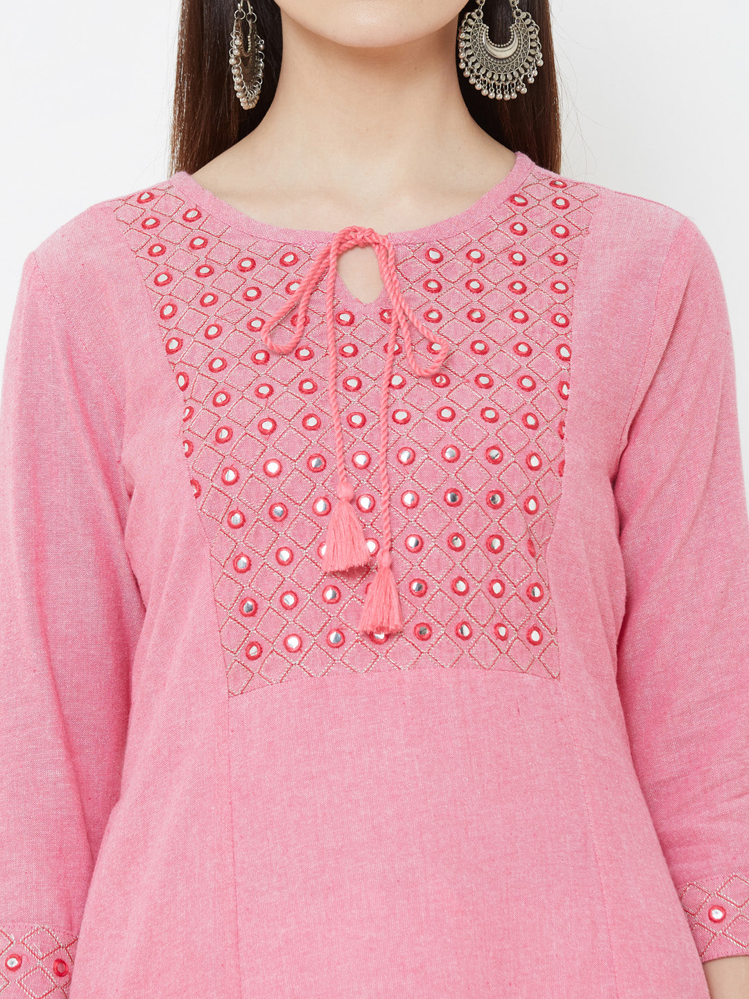 Foil Mirror & Diamond Checks Embroidered Kurta – Pink