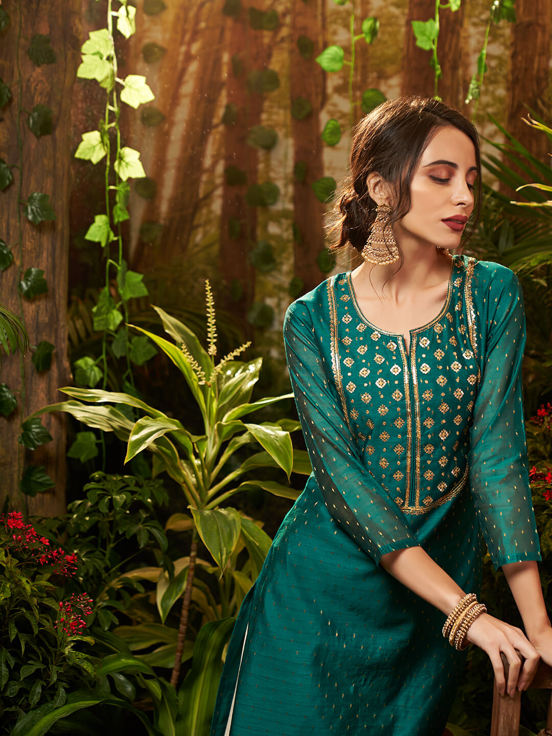 Sequins Embellished Chanderi Kurta – Teal Green