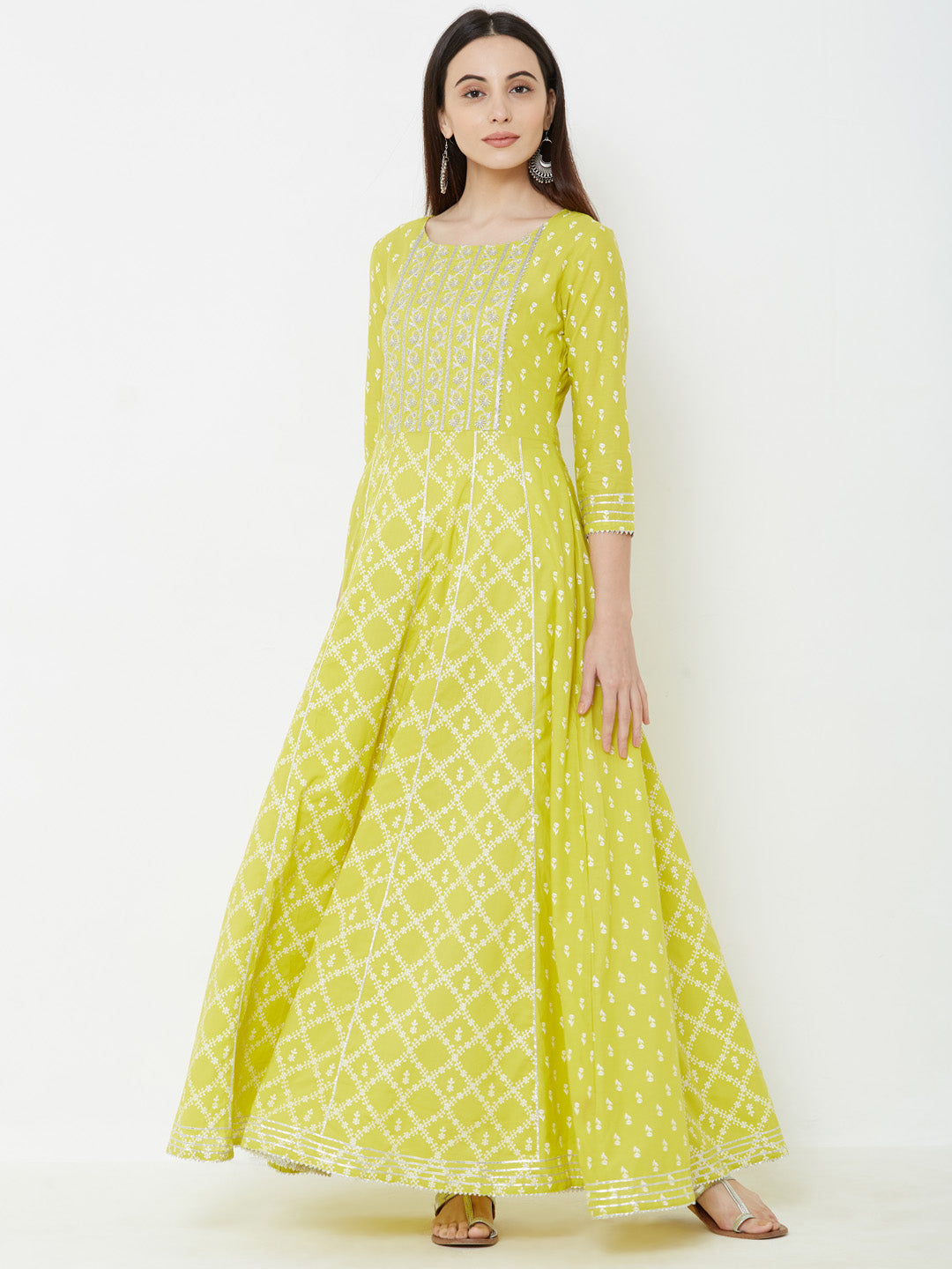 Silver Zari Embroidered & Gota Embellished Multi Panelled Maxi – Chartreuse Green