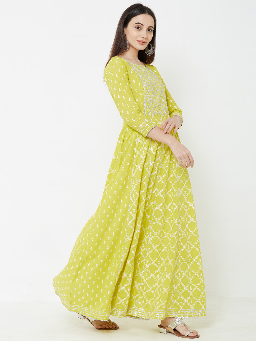 Silver Zari Embroidered & Gota Embellished Multi Panelled Maxi – Chartreuse Green