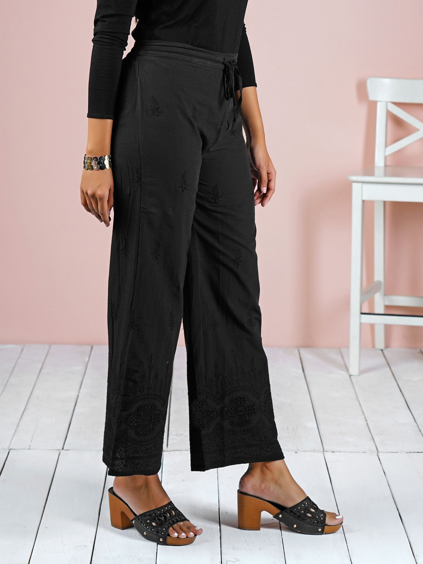 Floral Embroidered Schiffli Palazzo Pants - Black