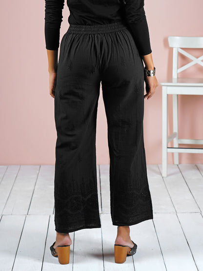 Floral Embroidered Schiffli Palazzo Pants - Black