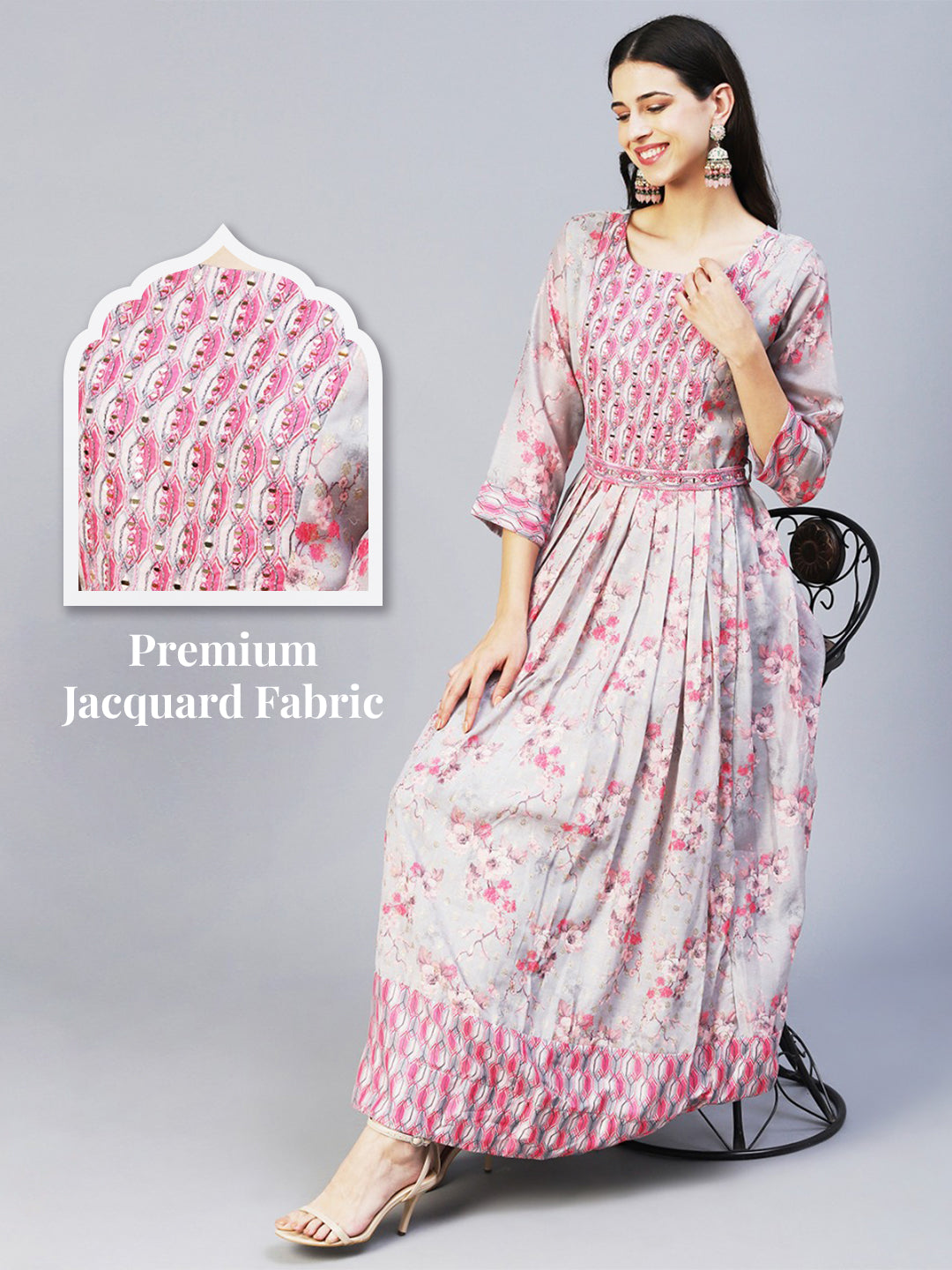 Floral Printed Mirror Embroidered Jacquard Dress With Embroidered Belt - Grey