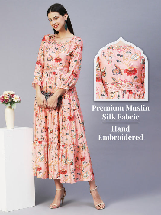 Floral Hand Embroidered Tiered Dress With Embroidered Belt - Peach