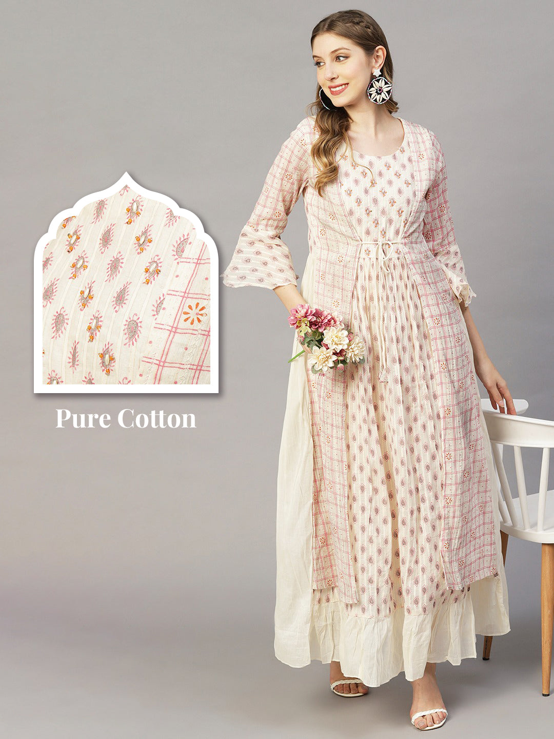 Ethnic Printed Pearl & Sequins Embroidered Dress With Attached Checks Jacket - Off-white