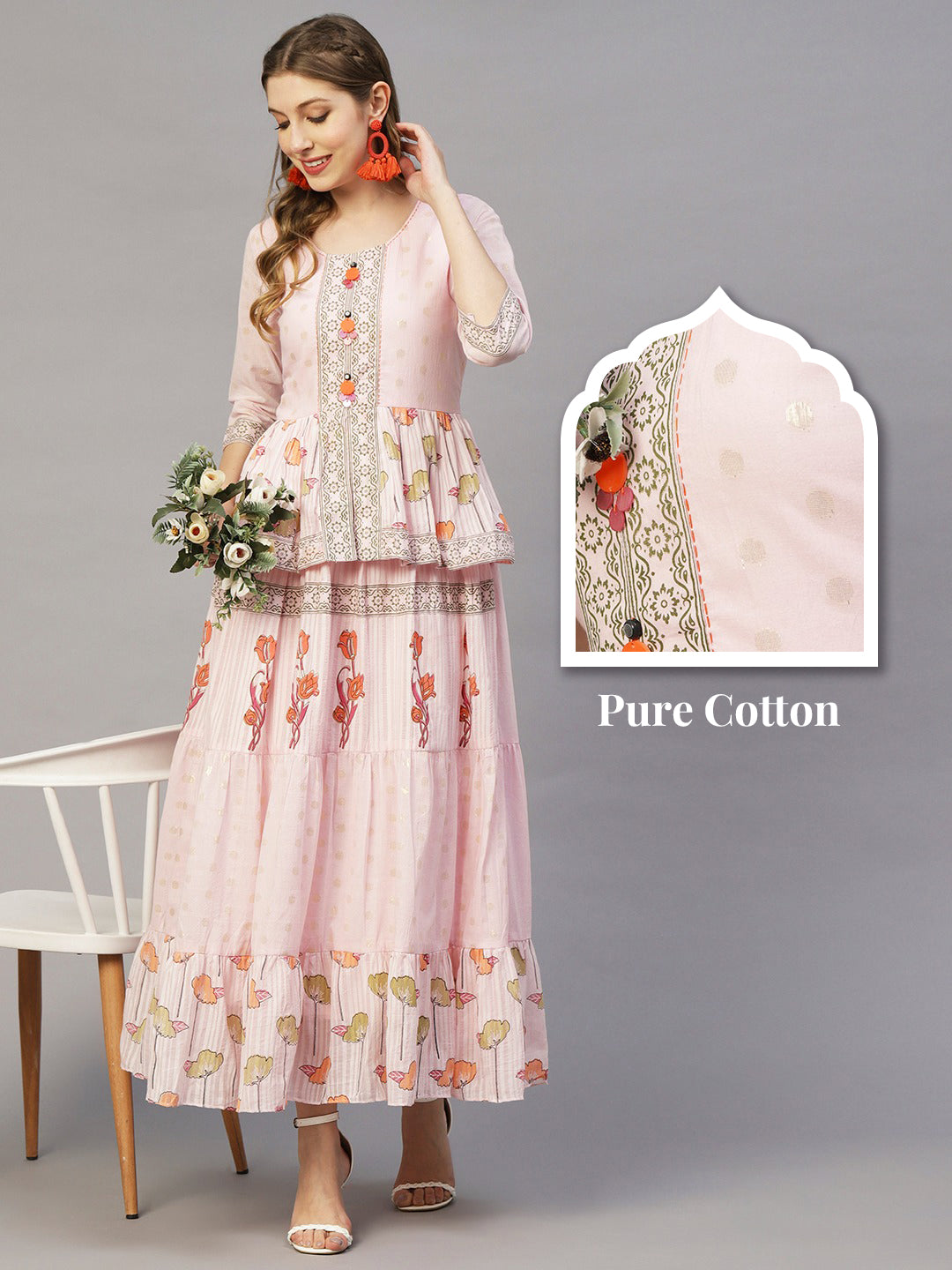 Floral Printed Woven Zari Designed Tikki Embellished Peplum Style Tiered Maxi Dress - Pink