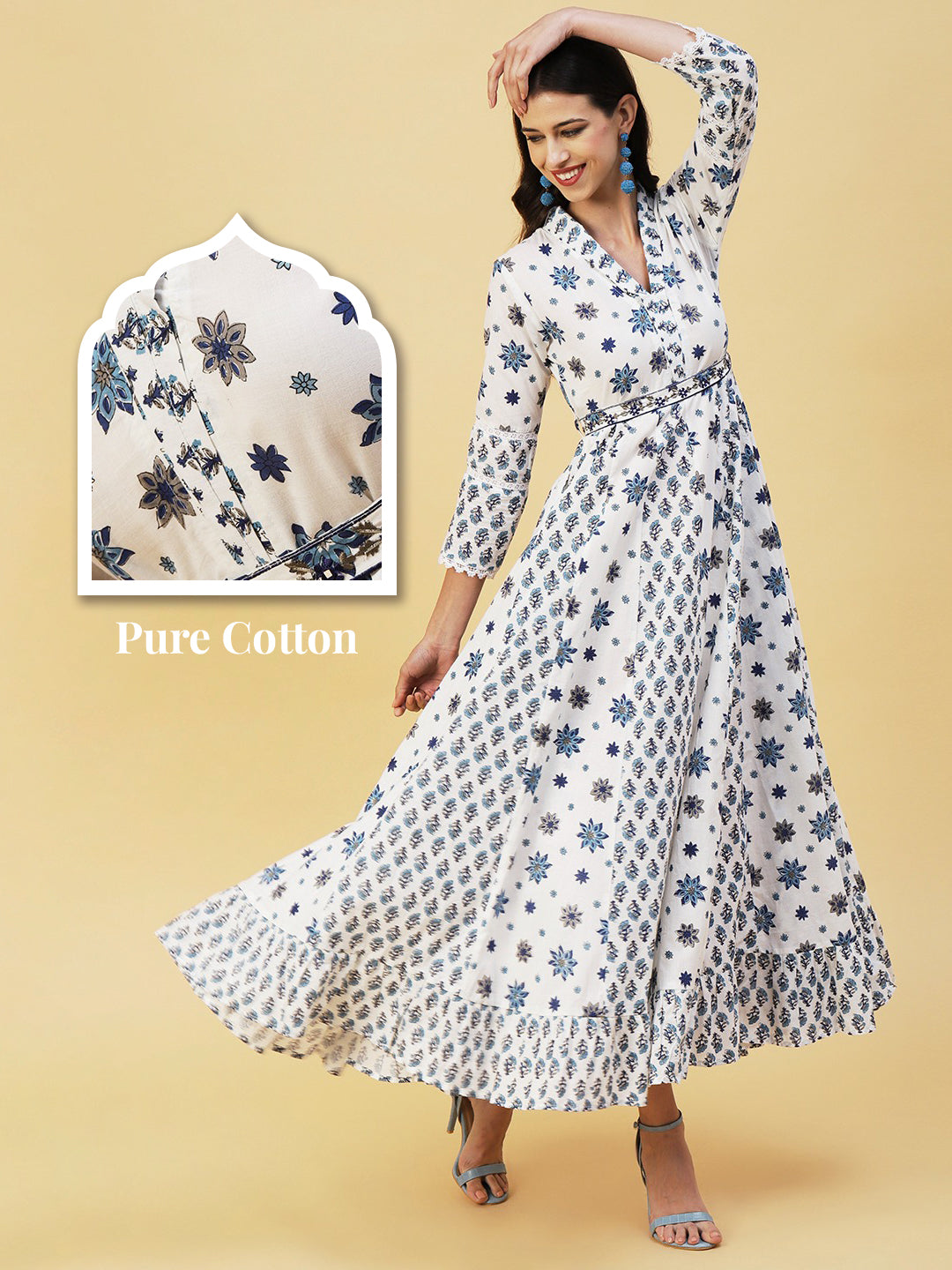 Floral Block Printed Anarkali Maxi Gown With Mirror Embroidered Waist Belt - White & Blue