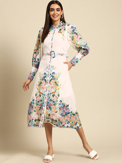 Vintage Floral Printed Straight Dress with Belt - White
