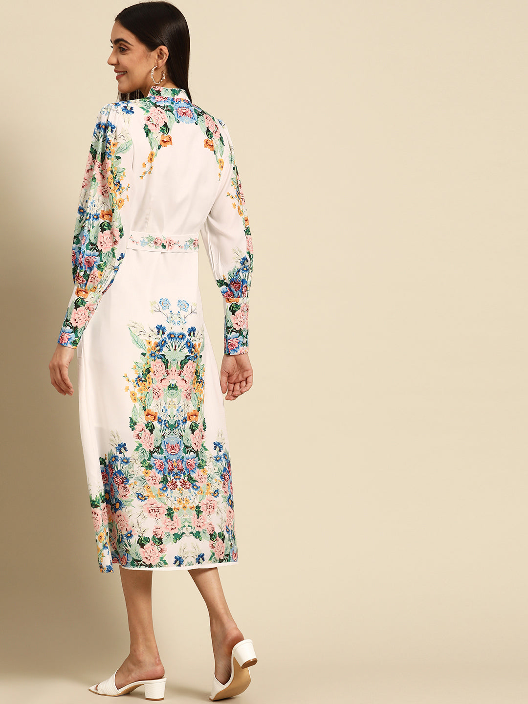 Vintage Floral Printed Straight Dress with Belt White