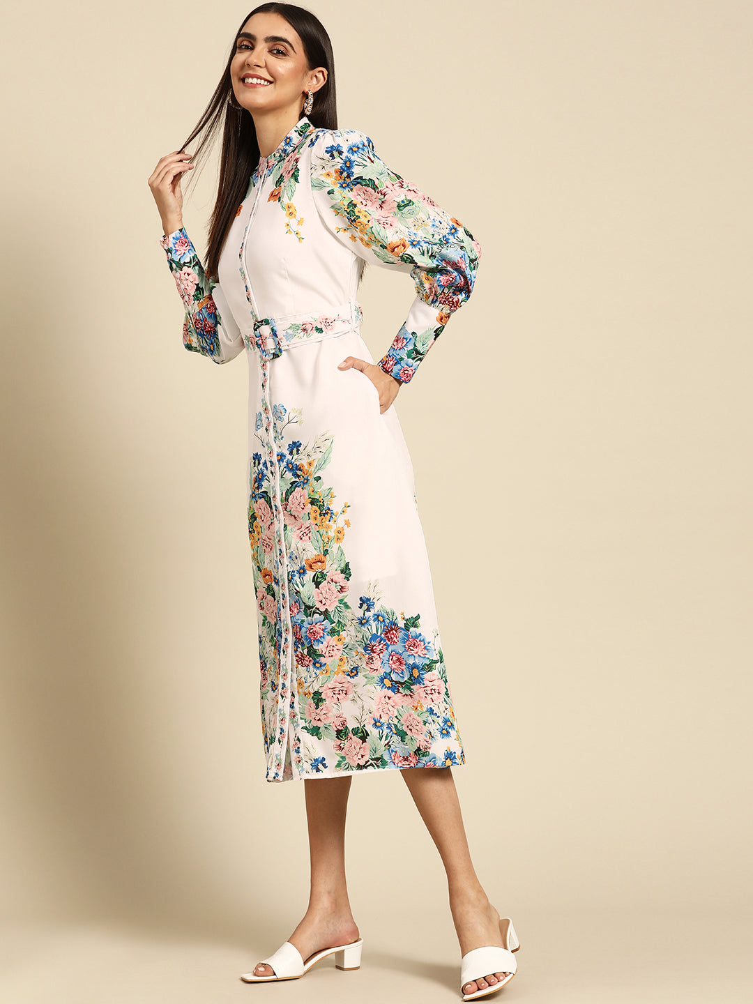 Vintage Floral Printed Straight Dress with Belt - White