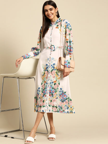 Vintage Floral Printed Straight Dress with Belt - White