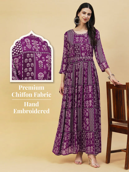 Ethnic Floral Printed & Hand Embroidered Fit & Flare Maxi Dress - Purple