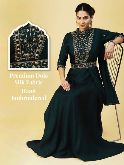 Ethnic Hand Embroidered Fit & Flare Maxi Dress with Belt - Green