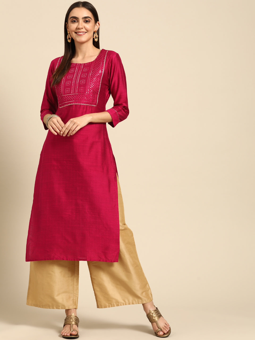 Sequin Embroidered Straight Kurta - Magenta