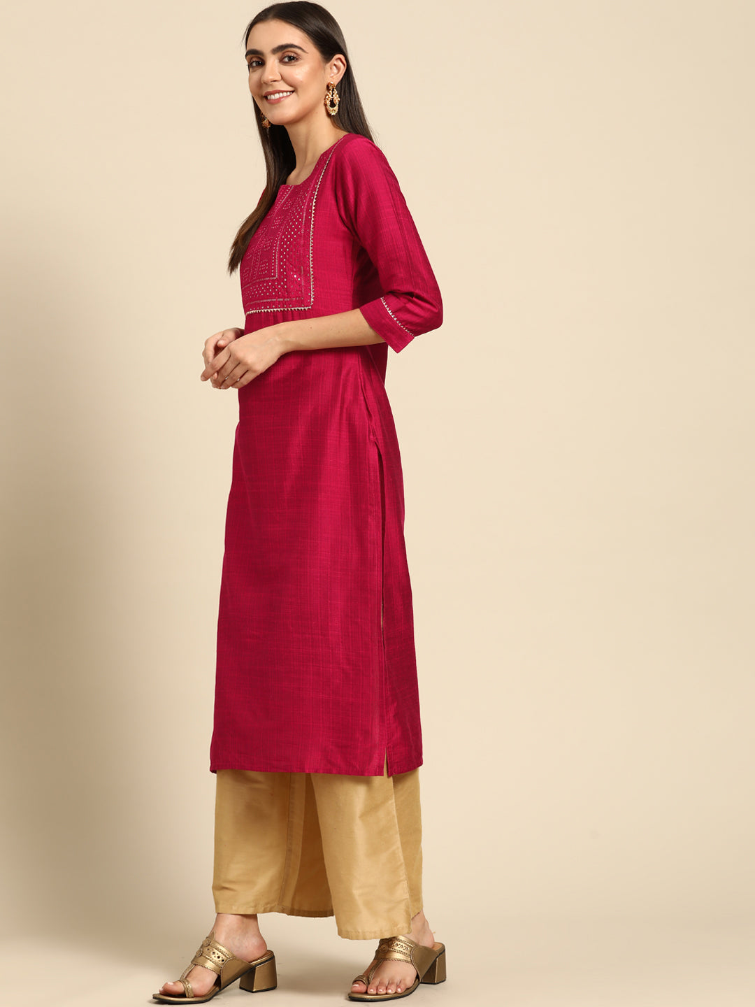 Sequin Embroidered Straight Kurta - Magenta