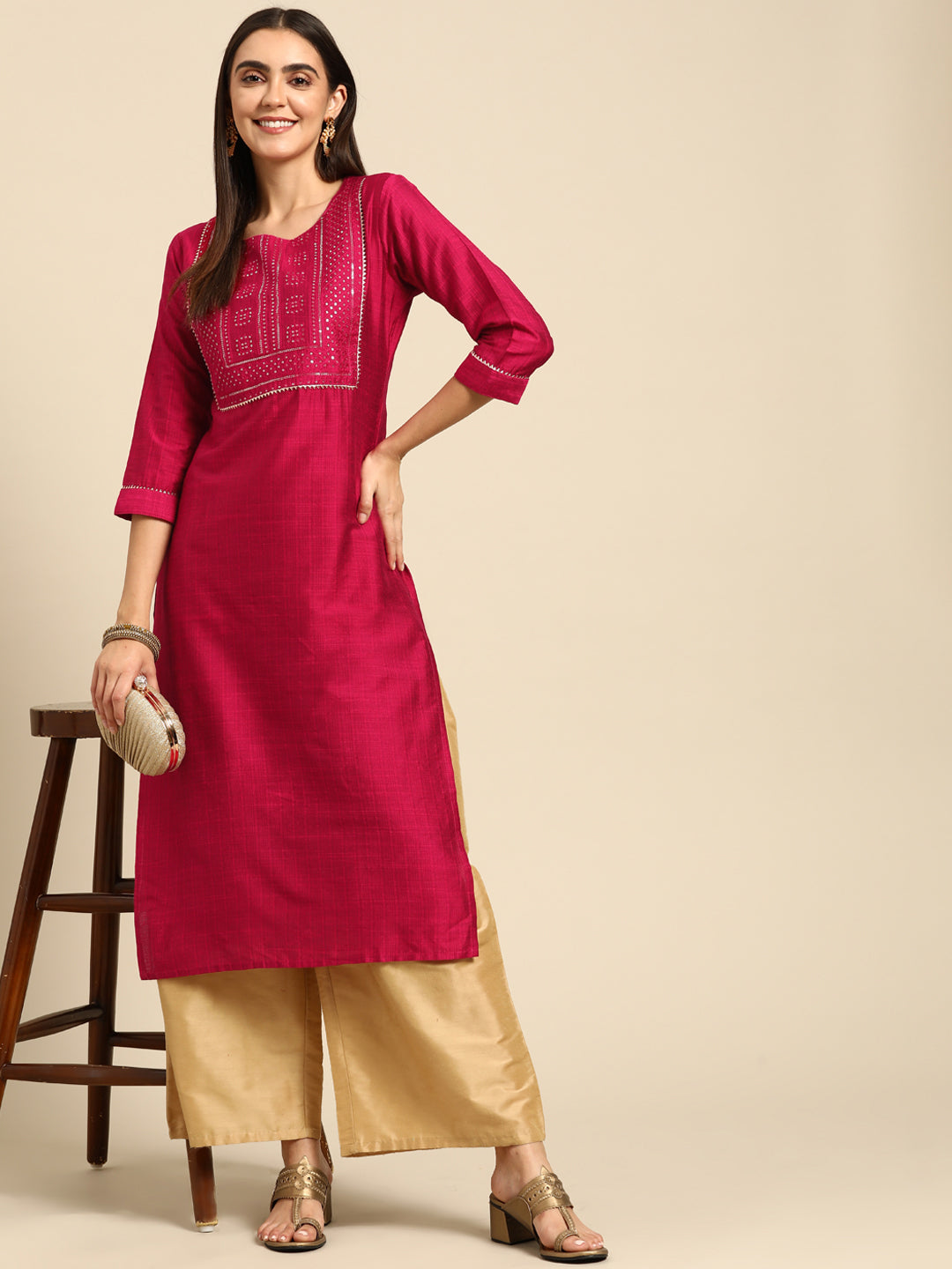 Sequin Embroidered Straight Kurta - Magenta