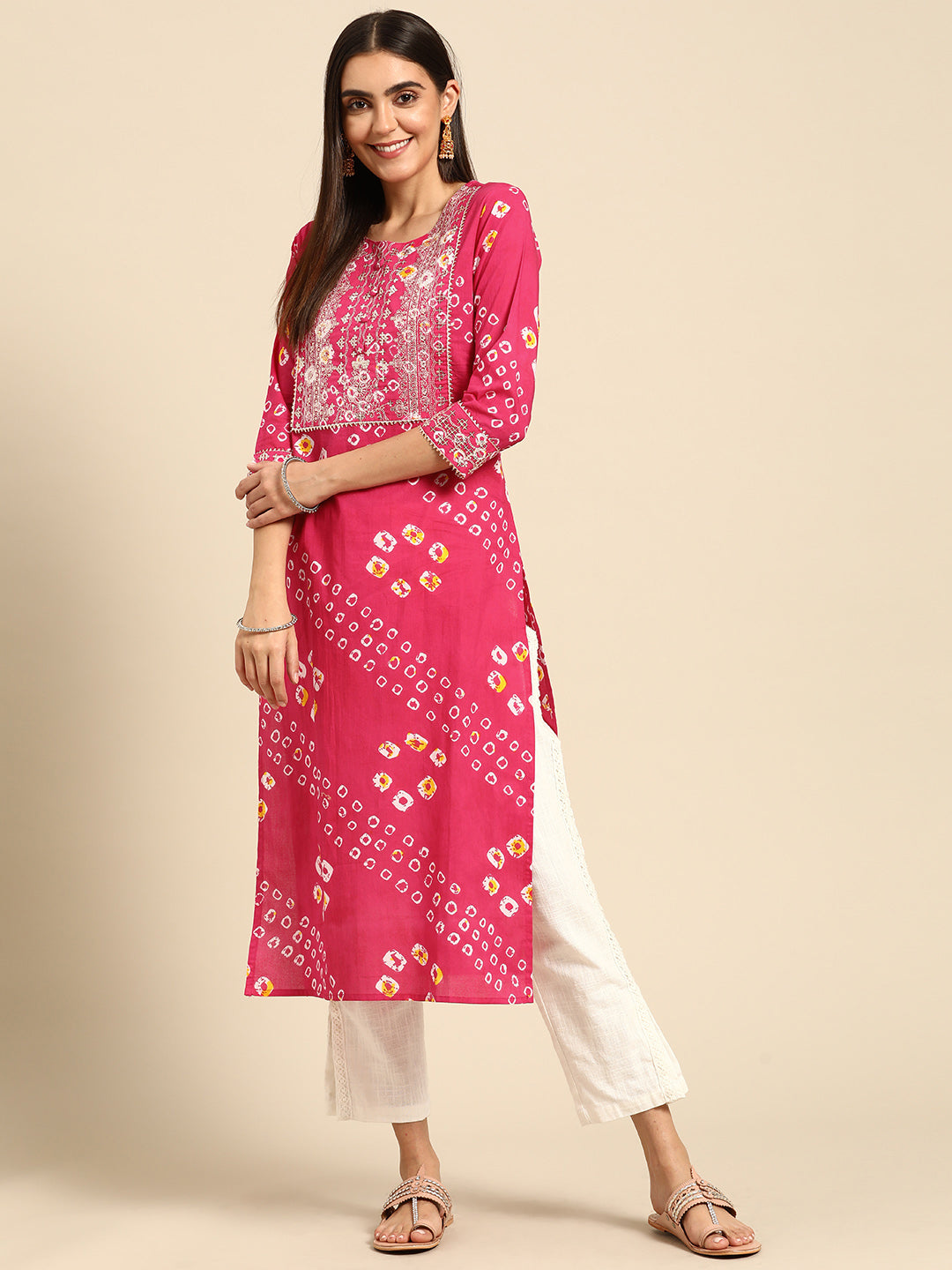 Bandhani Print & Sequins Embroidered Straight Kurta - Pink