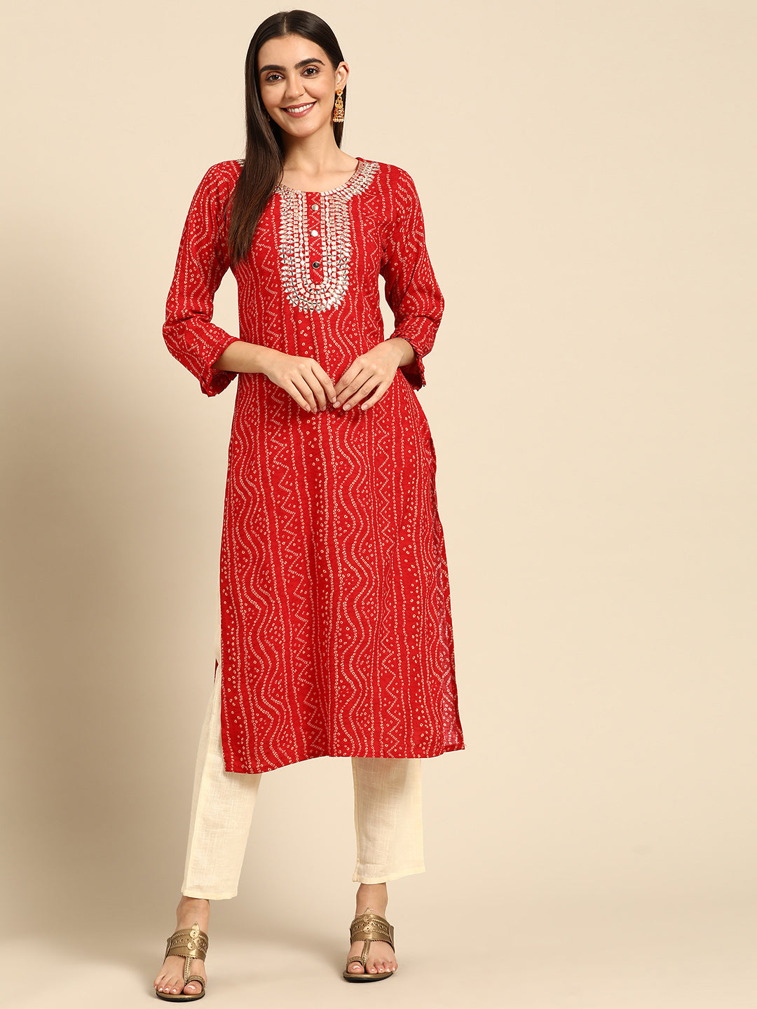 Dense Bandhani Printed & Hand Embroidered Kurta - Red