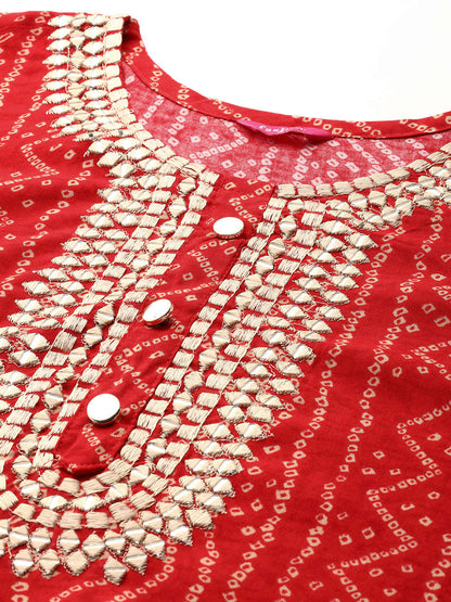 Dense Bandhani Printed & Hand Embroidered Kurta - Red