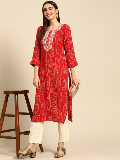 Dense Bandhani Printed & Hand Embroidered Kurta - Red