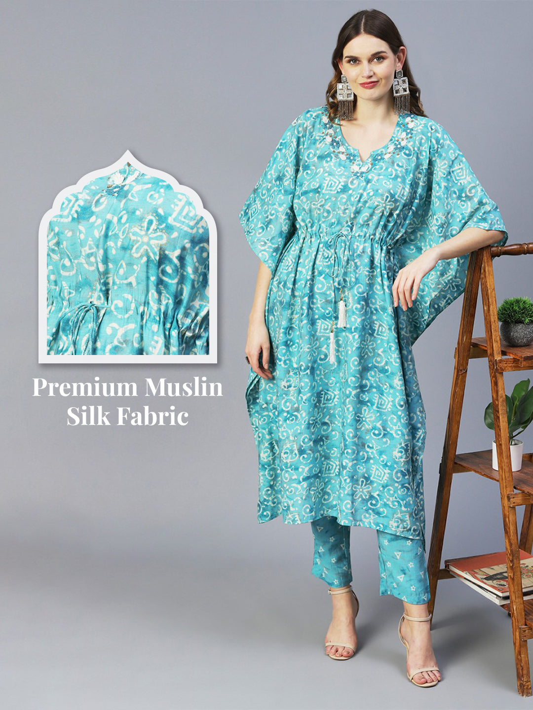 Batik Printed Beads Embellished Kaftan With Printed Pants - Turquoise Blue