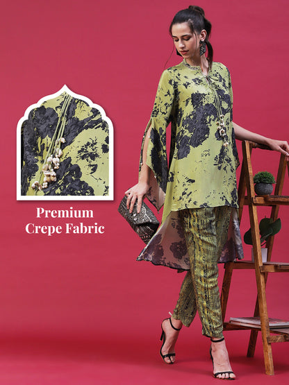 Abstract Printed Embroidered Shell Embellished Bell Sleeves Kurta With Pants - Lime Green