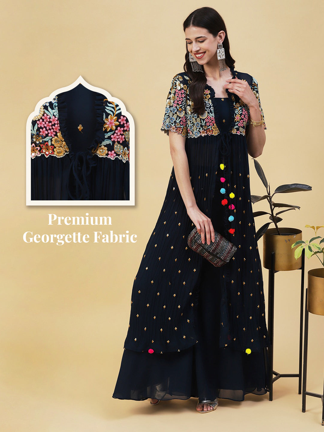 Solid Top with Flared Palazzo & Floral Embroidered Long Jacket - Teal Blue