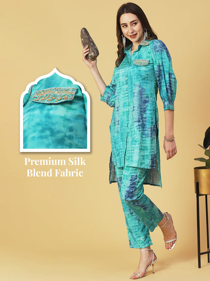 Shibori Printed Mirror & Zardozi Embroidered Asymmetric Hem Shirt With Pants - Sea Green