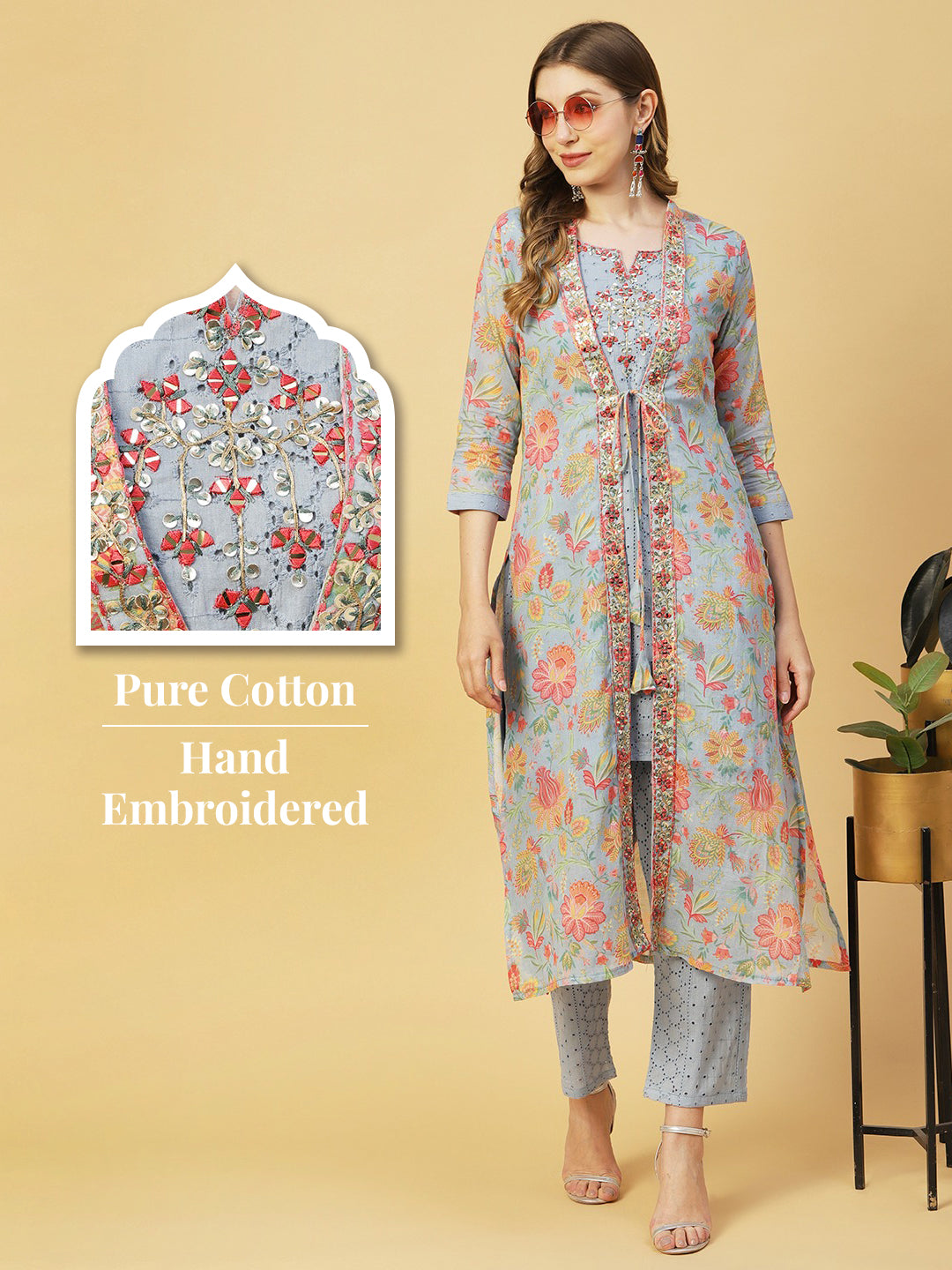 Solid Mirror & Leather Embroidered Schiffilli Kurta With Schiffili Pants & Floral Jacket - Blue