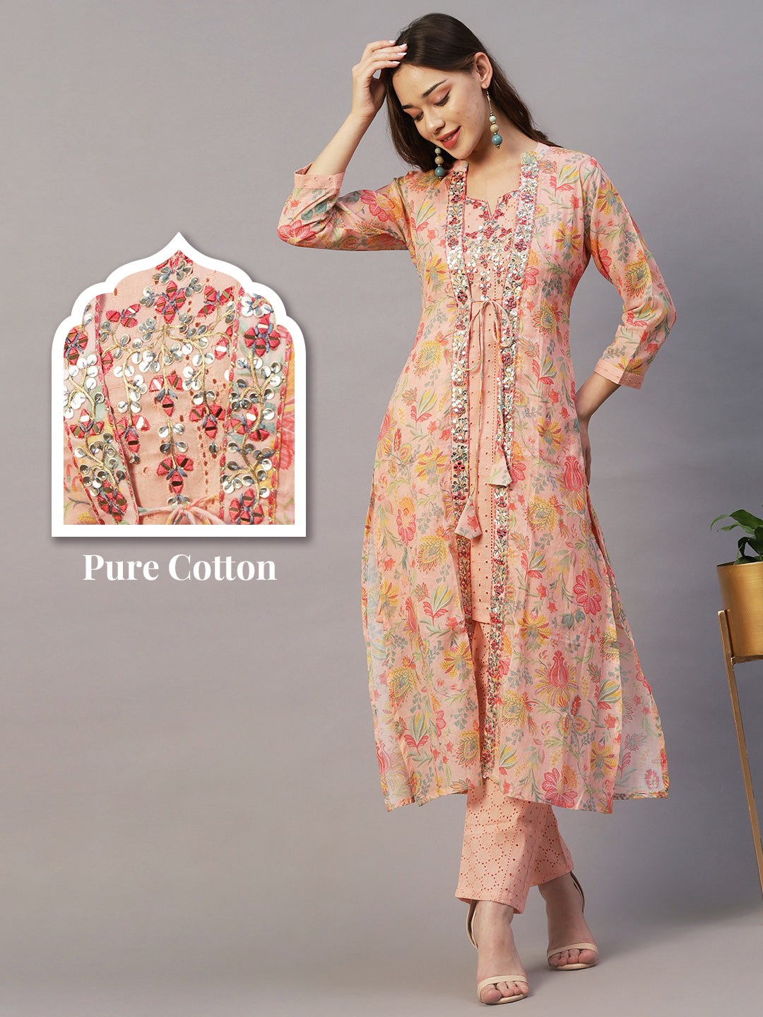 Solid Mirror & Leather Embroidered Schiffilli Kurta With Schiffili Pants & Floral Jacket - Peach