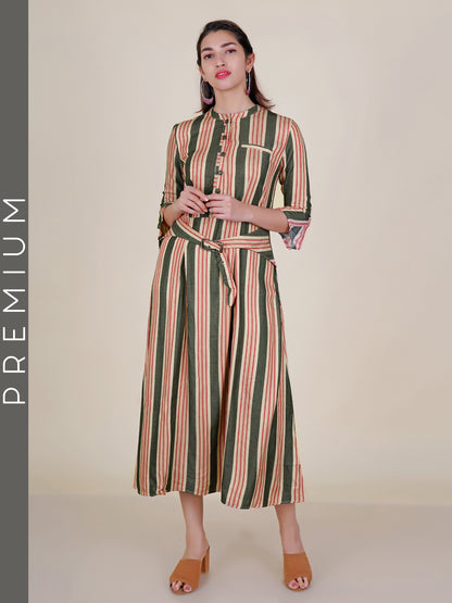 Metal Studded Buttoned & Stripes Belted Kurti