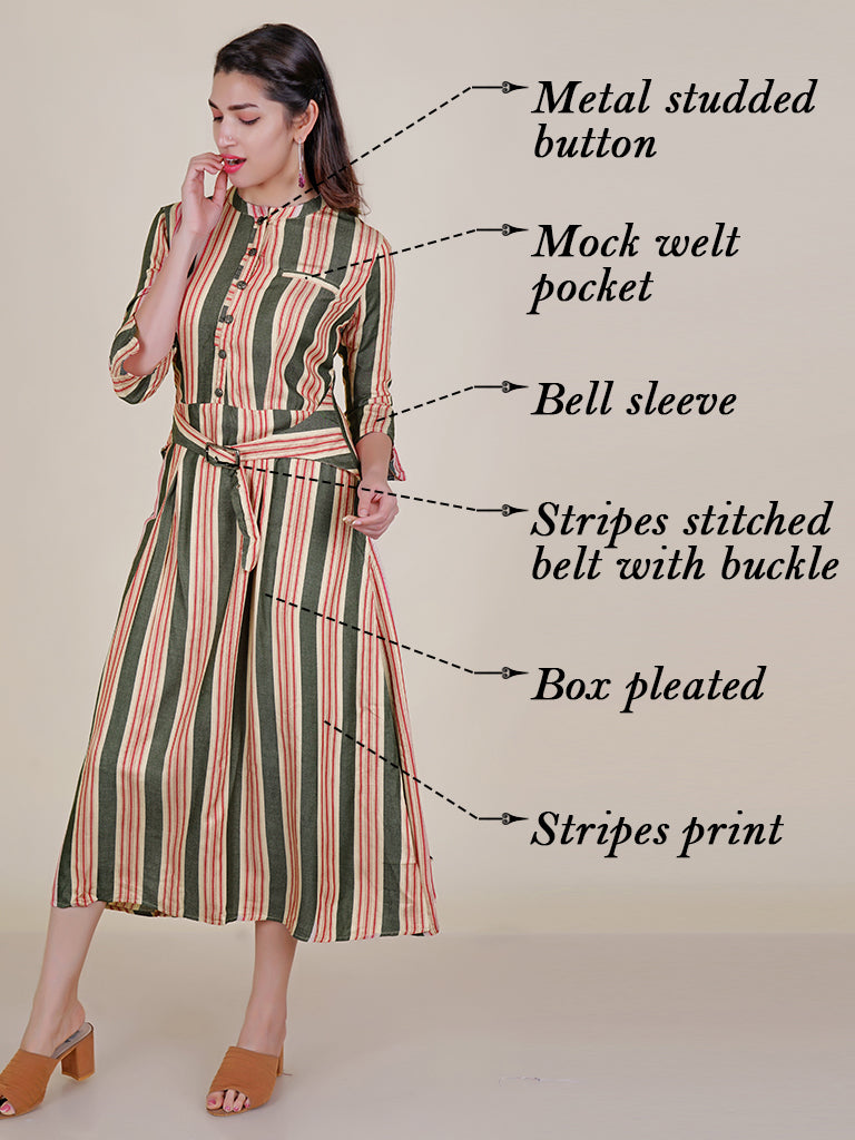Metal Studded Buttoned & Stripes Belted Kurti