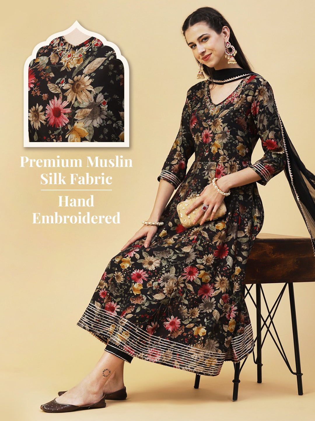 Floral Printed Hand Embroidered Kurta With Pants & Dupatta - Black