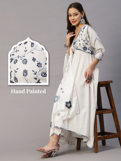 Solid Floral Embroidered A-Line Kurta with Pant & Hand Painted Dupatta - White