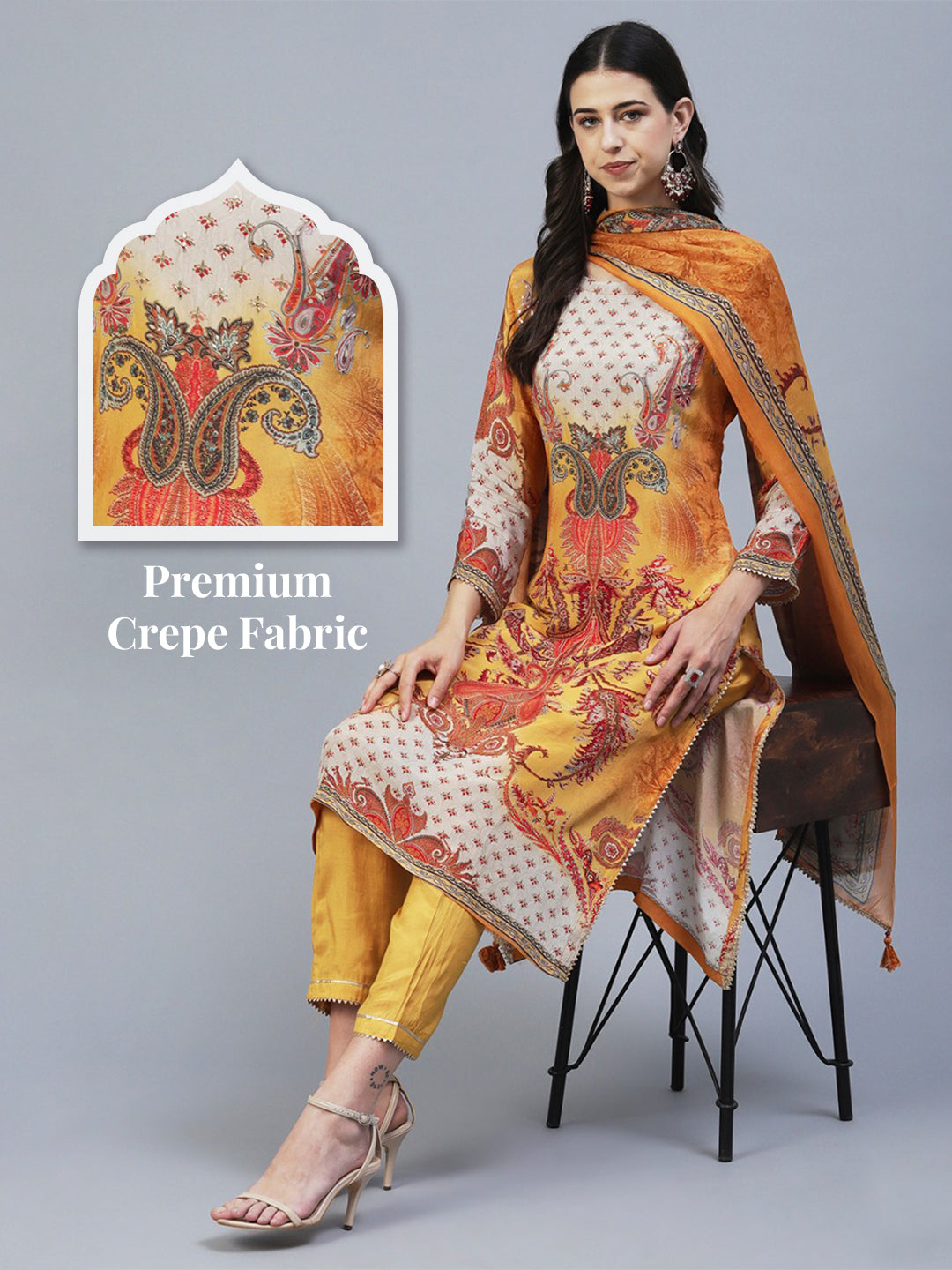 Ethnic Printed Mirror Embroidered Kurta With Pants & Dupatta - Mustard
