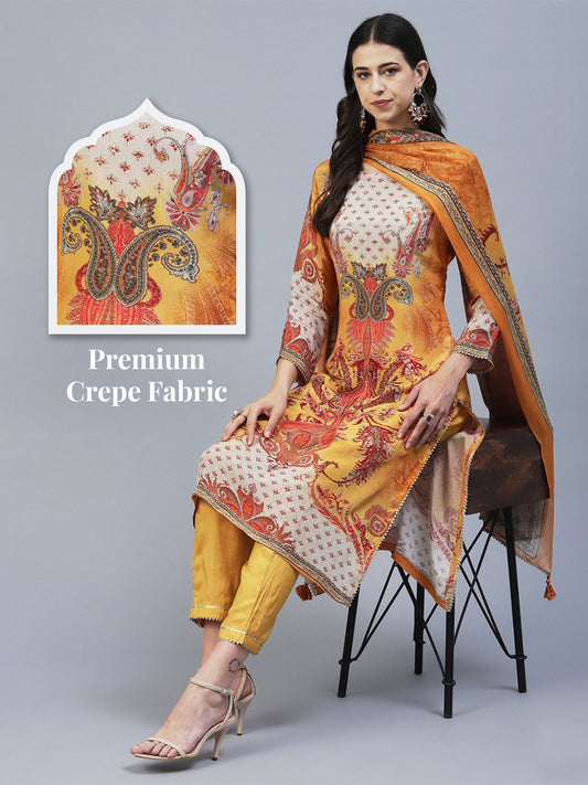 Ethnic Printed Mirror Embroidered Kurta With Pants & Dupatta - Mustard