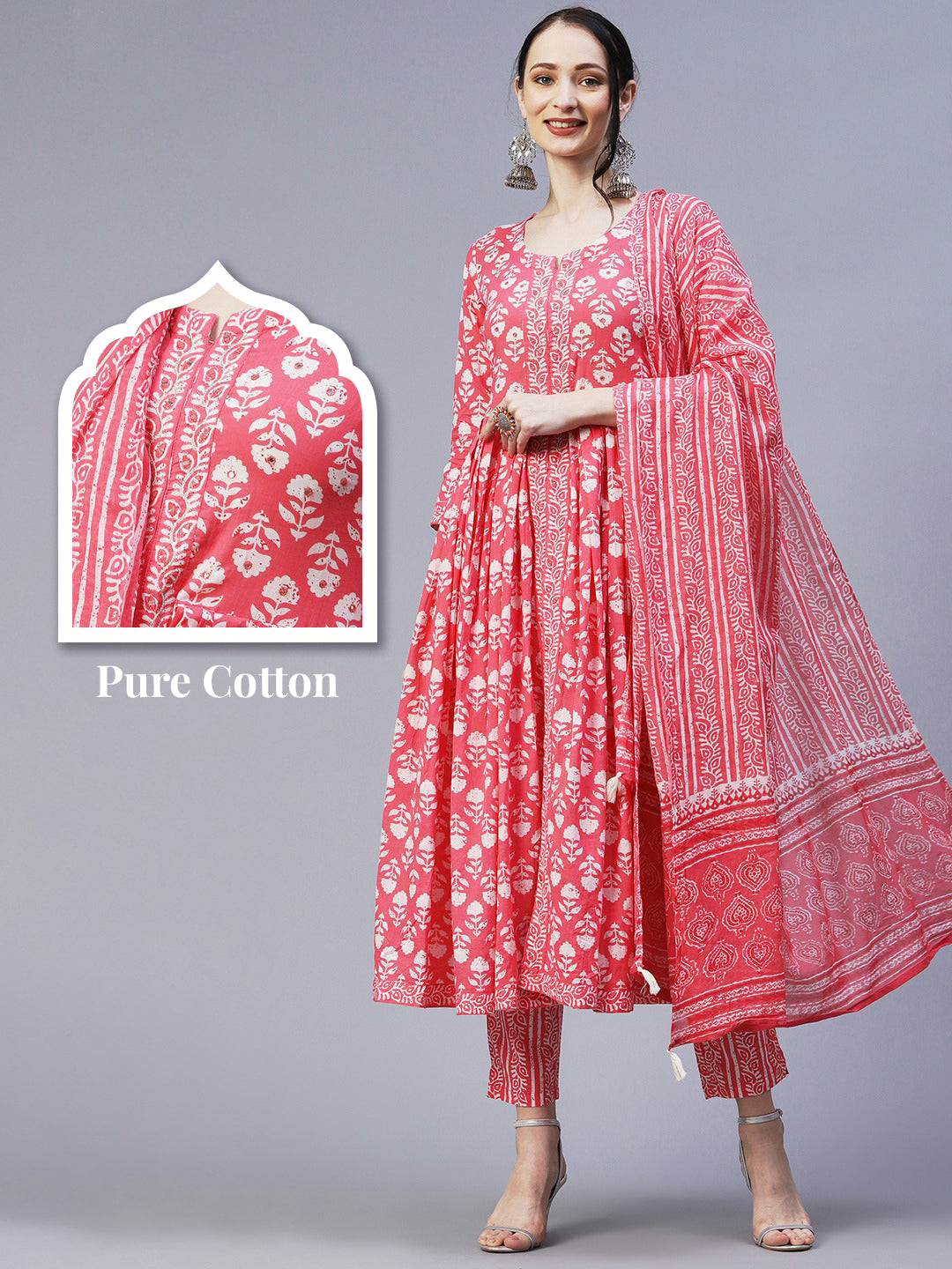 Floral Block Printed Mirror & Resham Embroidered Flared Front Slit Kurta With Pants & Dupatta - Pink