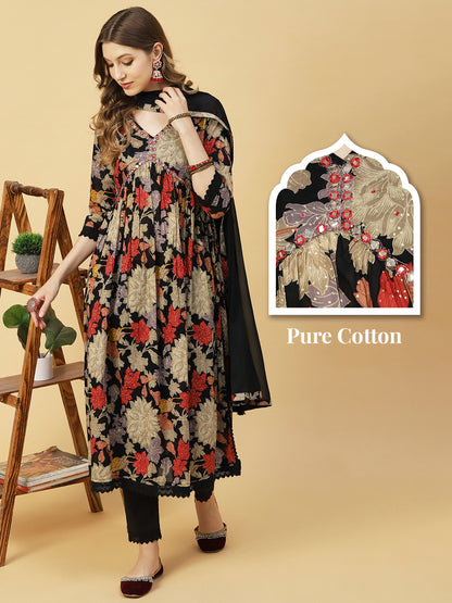Floral Printed Mirror Embroidered Flared Kurta With Pants & Dupatta - Black