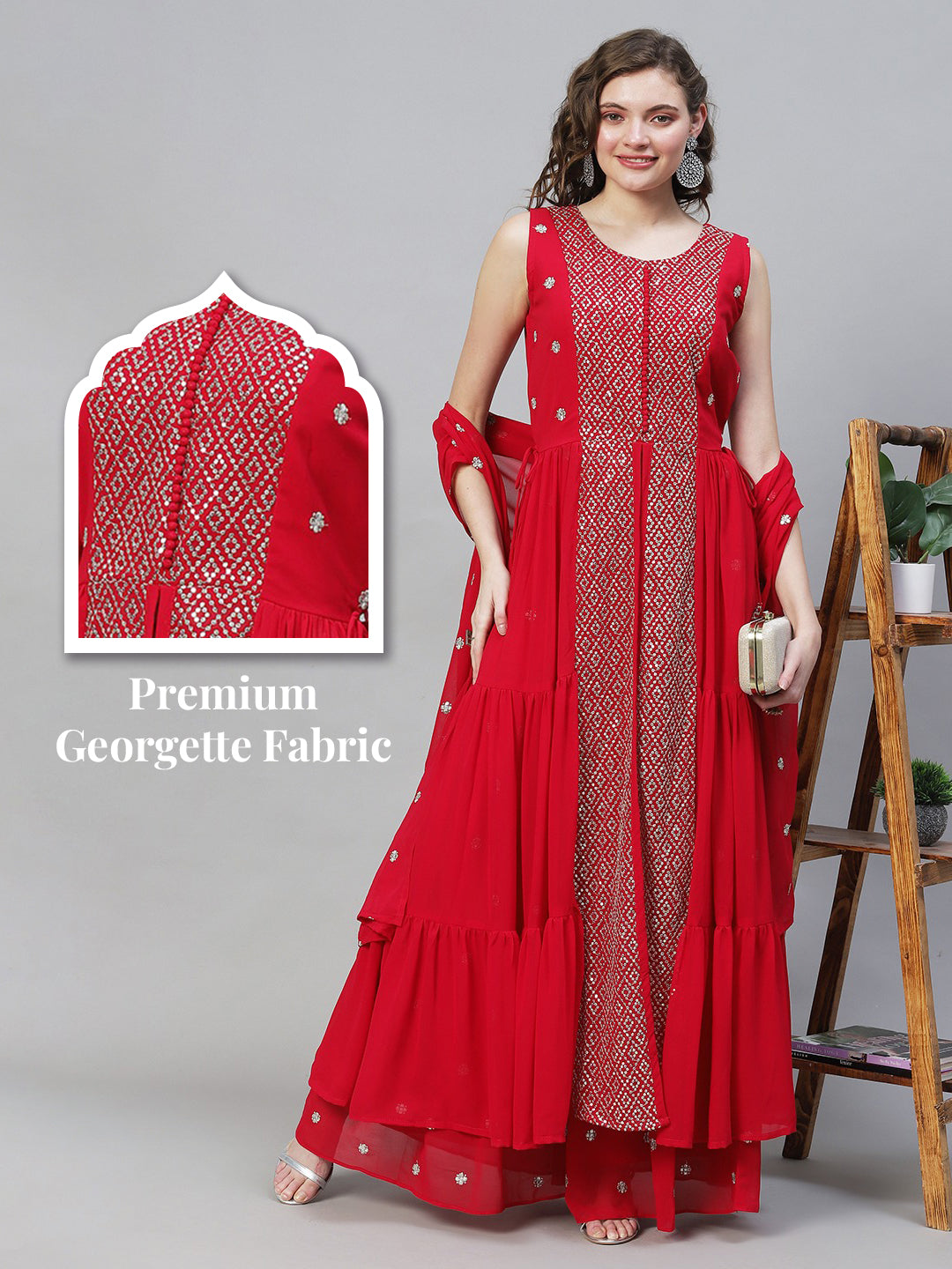 Solid Ethnic Embroidered A-Line Tiered Kurta with Palazzo & Dupatta - Fuchsia