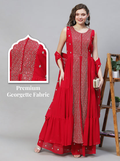 Solid Ethnic Embroidered A-Line Tiered Kurta with Palazzo & Dupatta - Fuchsia